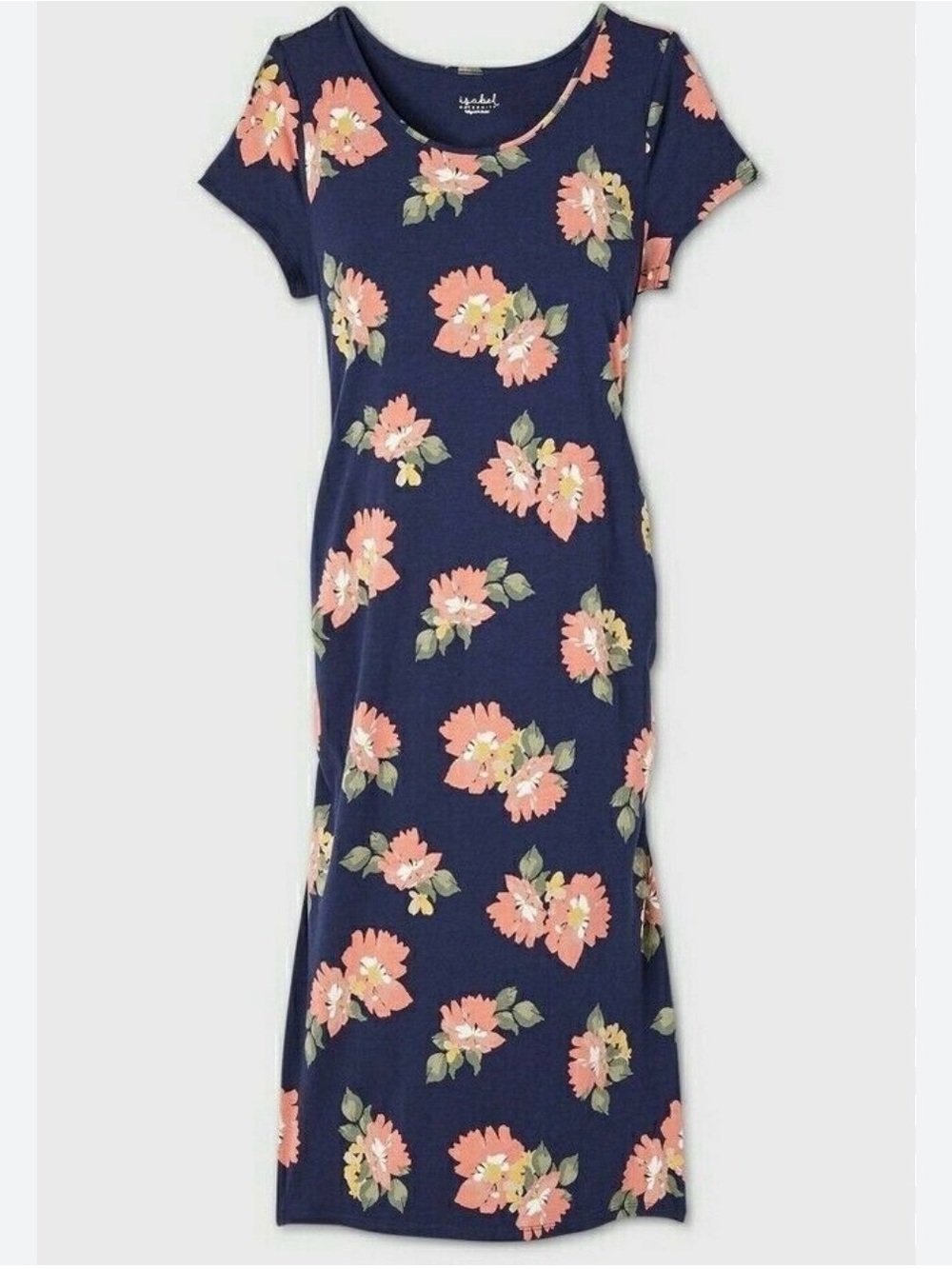 Isabel Maternity Navy Floral T-shirt Dress with Coral Blooms